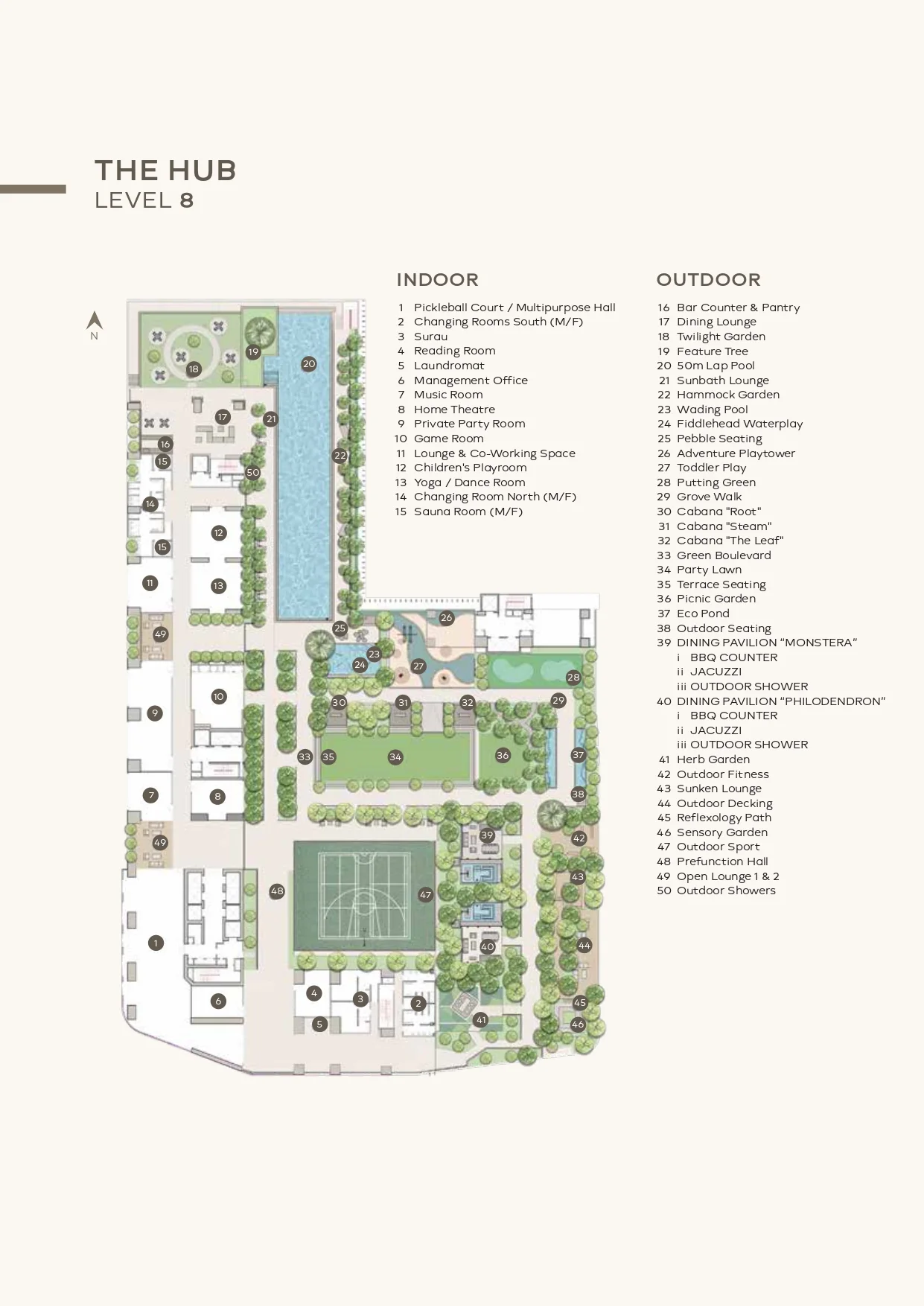 Khaya Residences Level 8 Hub facilities plan with the 50m lap pool, gardens and courts