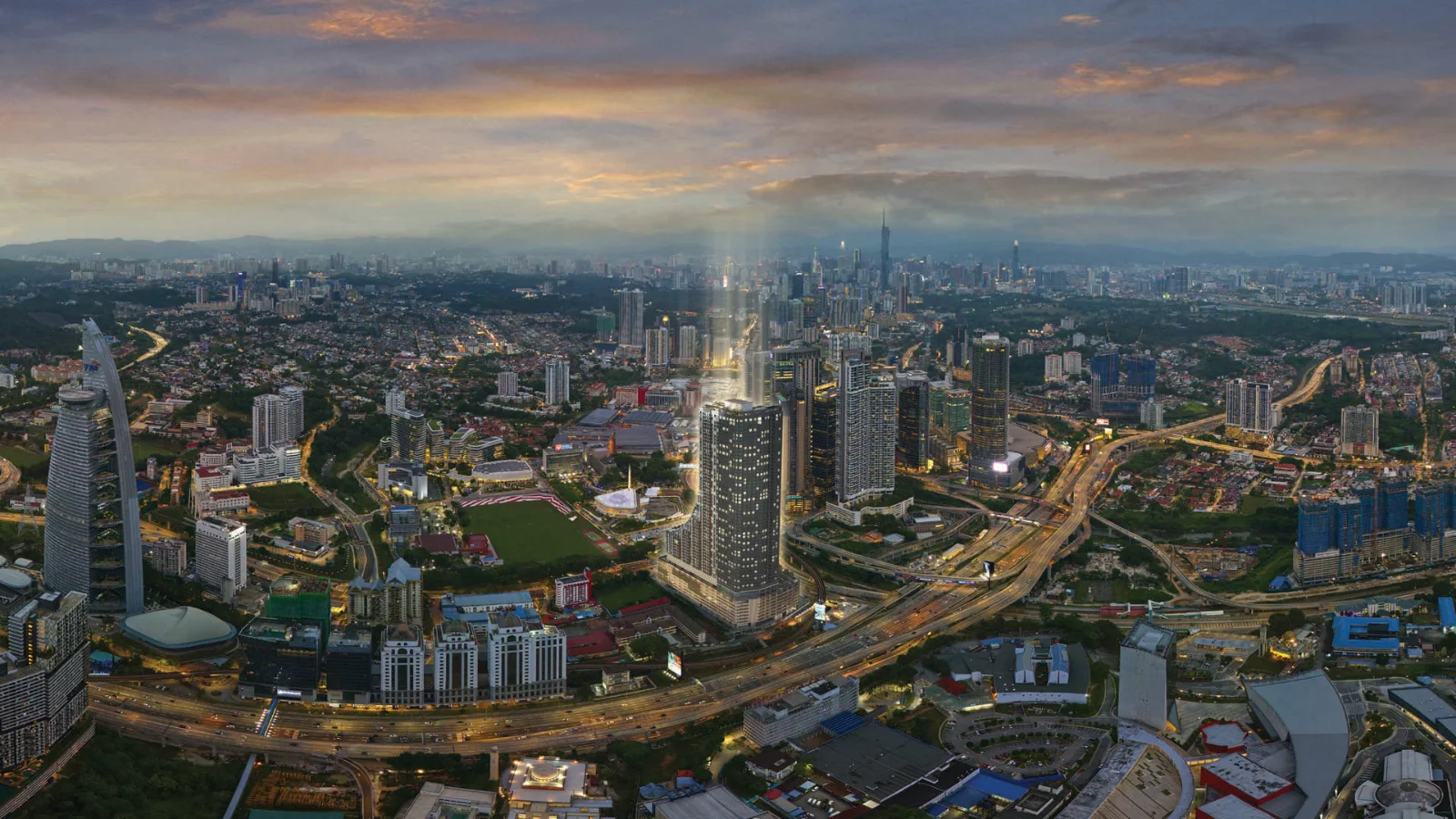 Aerial view over Bangsar and Kuala Lumpur marking the Khaya Residences site, artist's impression