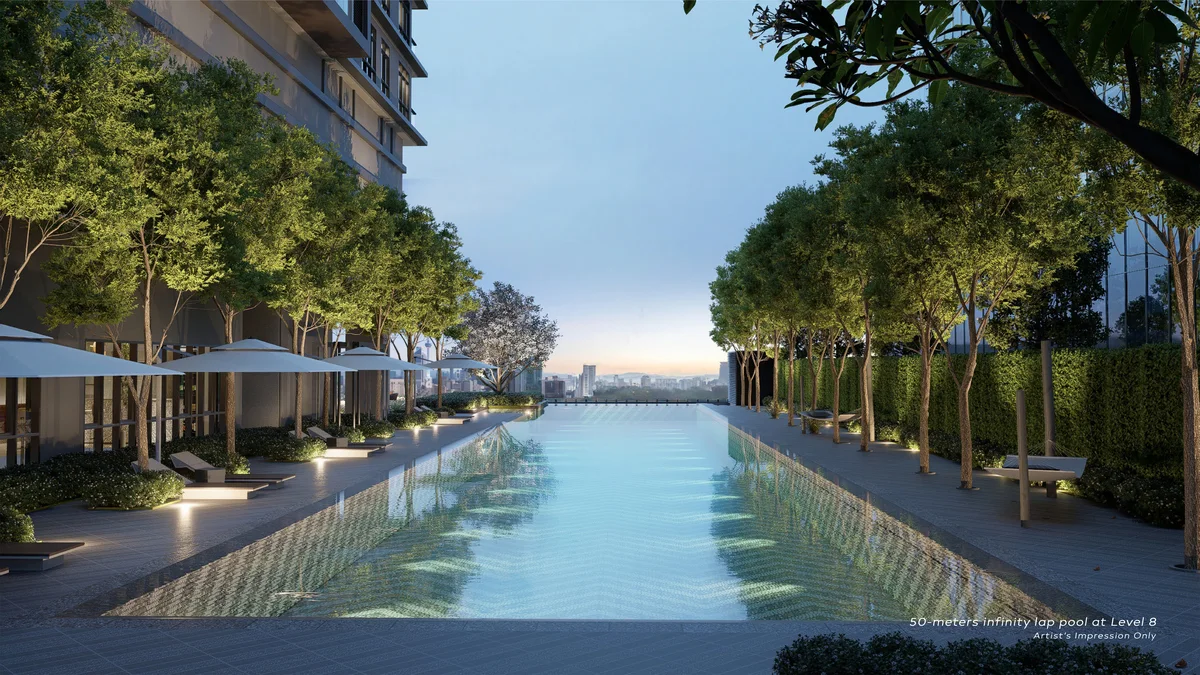Khaya Residences 50m lap pool lined with trees, artist's impression
