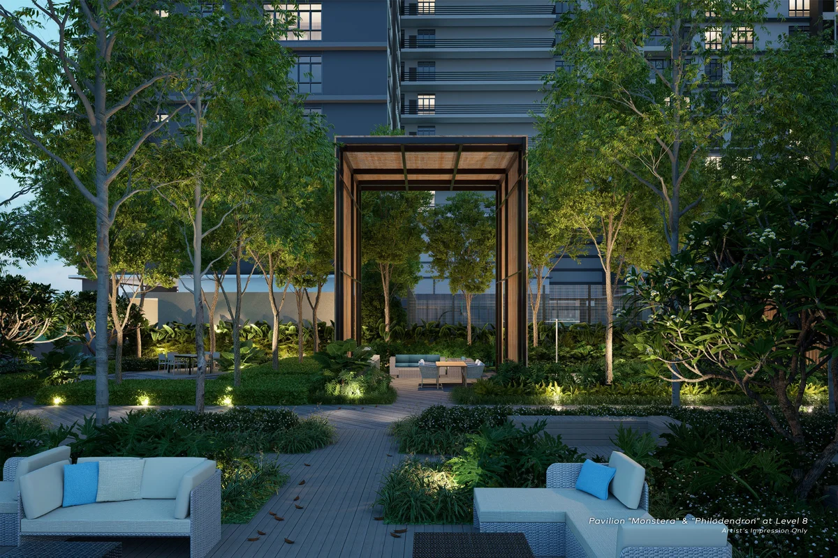 Khaya Residences garden pavilion with lounge seating, artist's impression