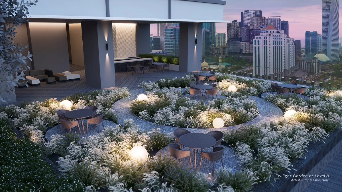 Khaya Residences twilight garden with seating at dusk, artist's impression