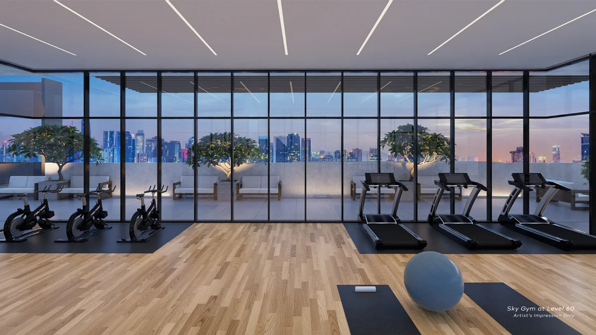 Khaya Residences gym with floor-to-ceiling windows and city views, artist's impression