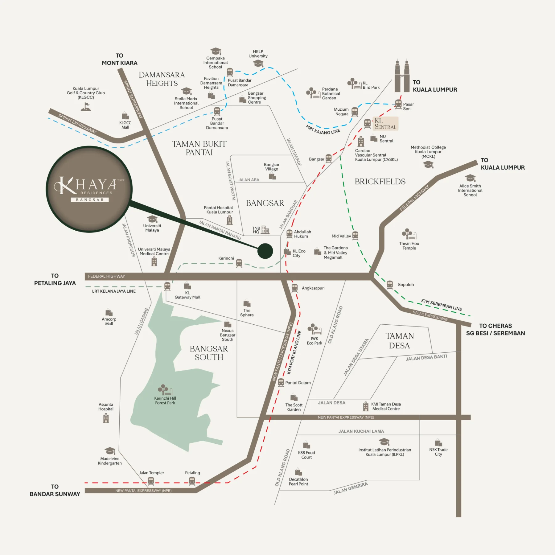 Locality map of Khaya Residences in Bangsar with LRT lines, highways, malls, schools and hospitals