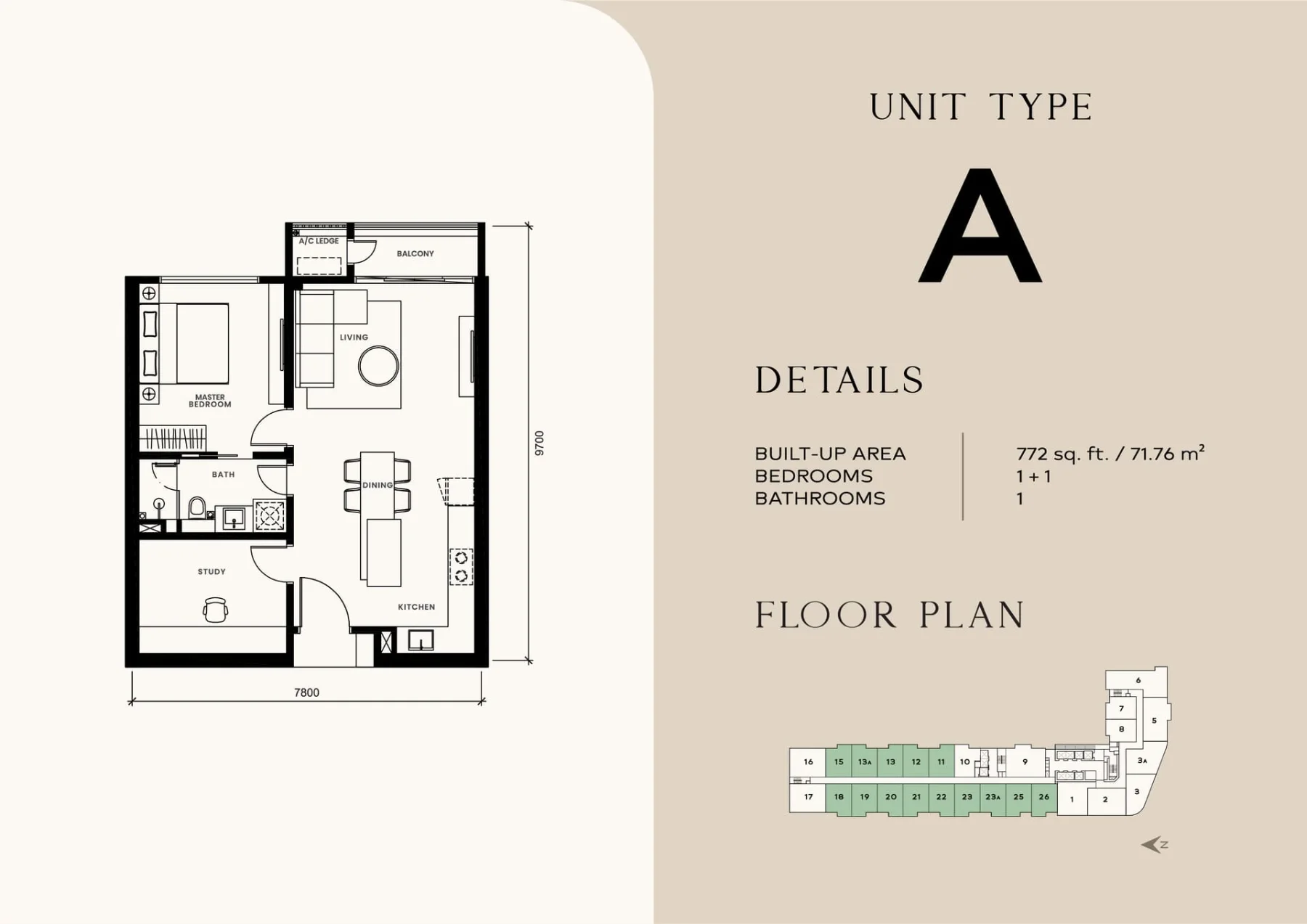 Khaya Residences floor plan Type A, 772 sq ft, 1+1 bed, 1 bath