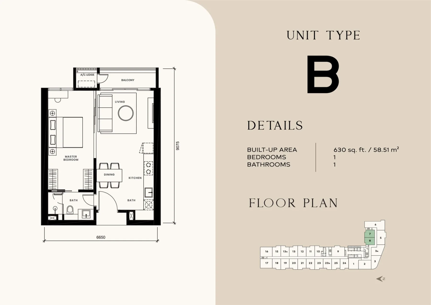Khaya Residences floor plan Type B, 630 sq ft, 1 bed, 1 bath