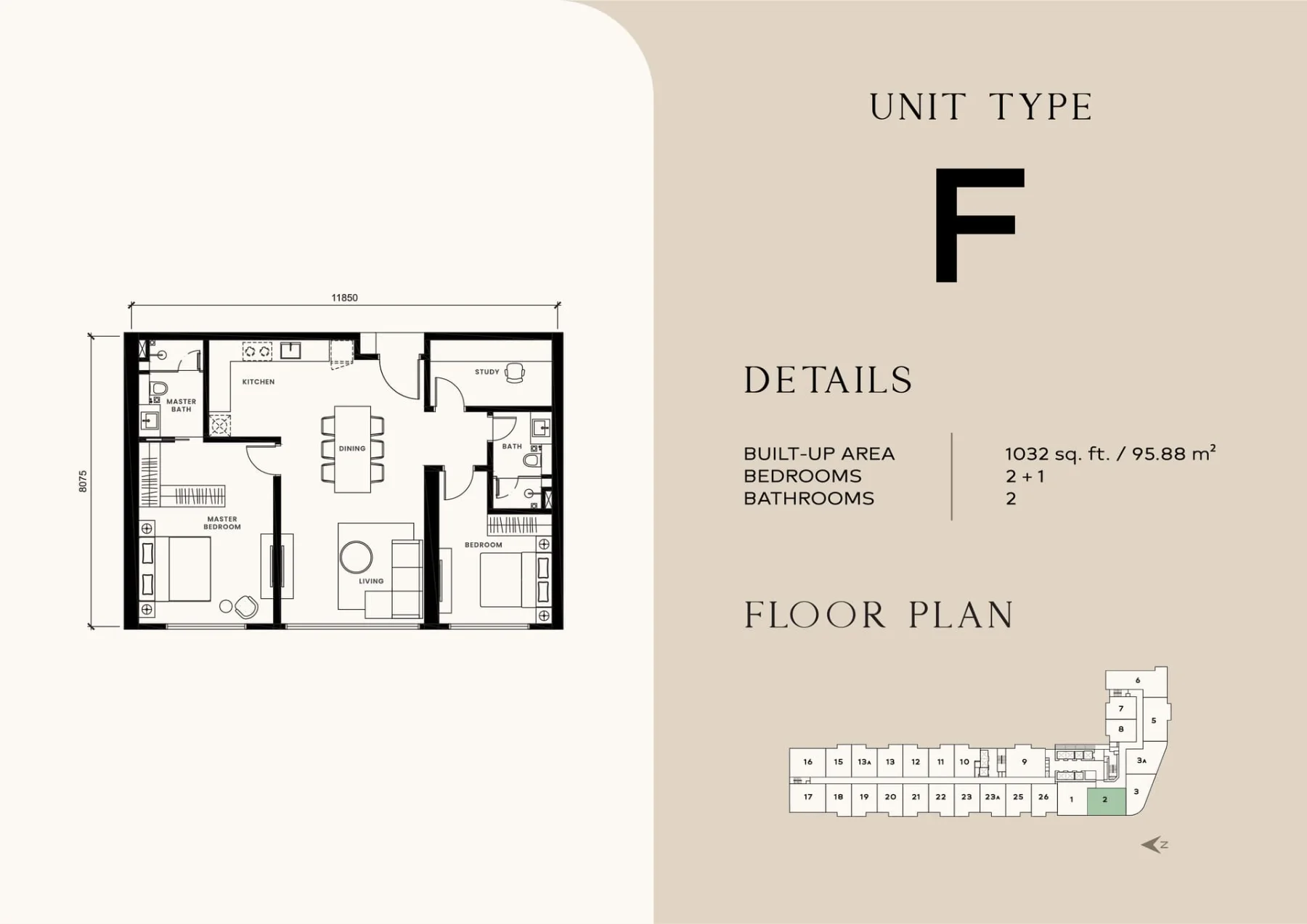 Khaya Residences floor plan Type F, 1,032 sq ft, 2+1 bed, 2 bath