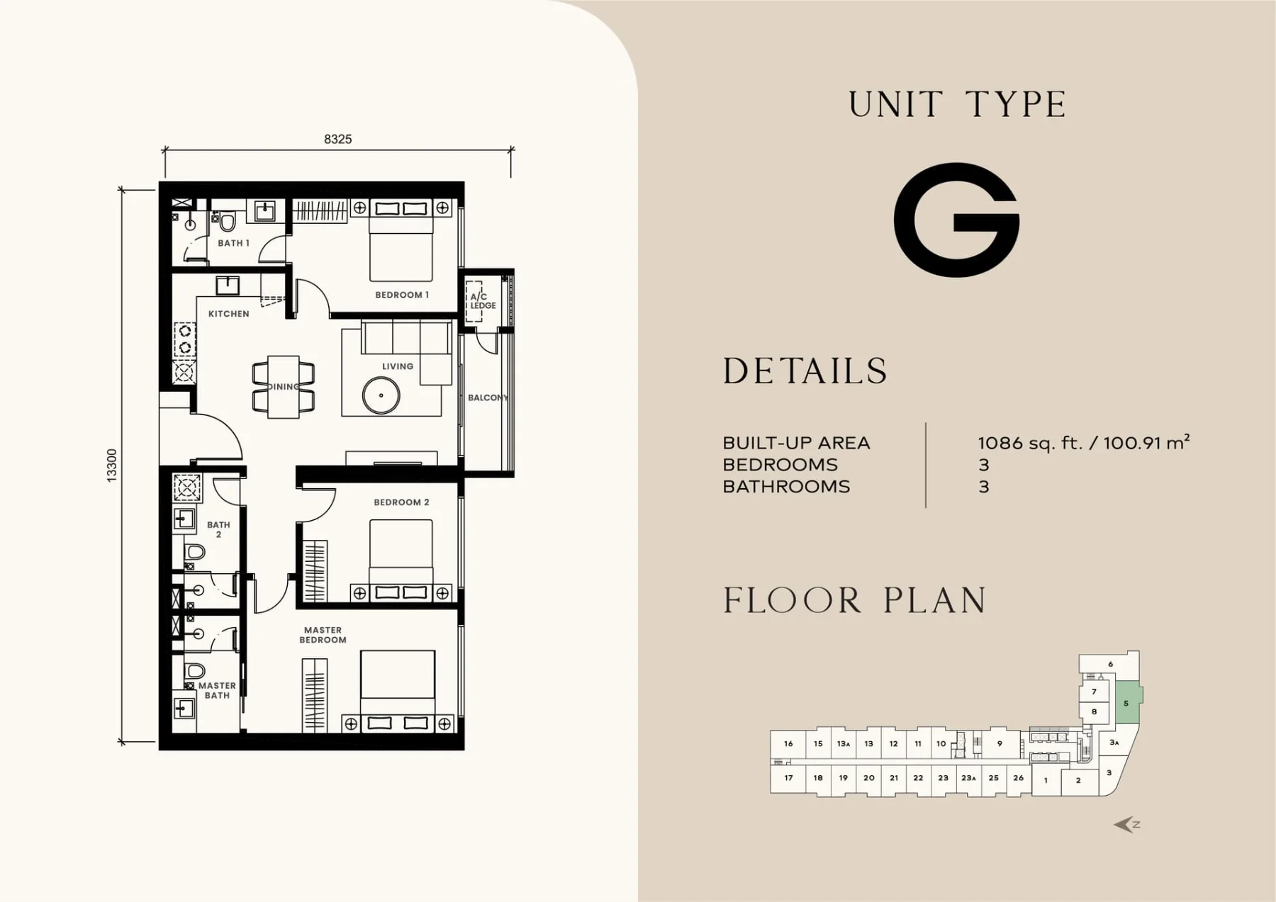 Khaya Residences floor plan Type G, 1,086 sq ft, 3 bed, 3 bath