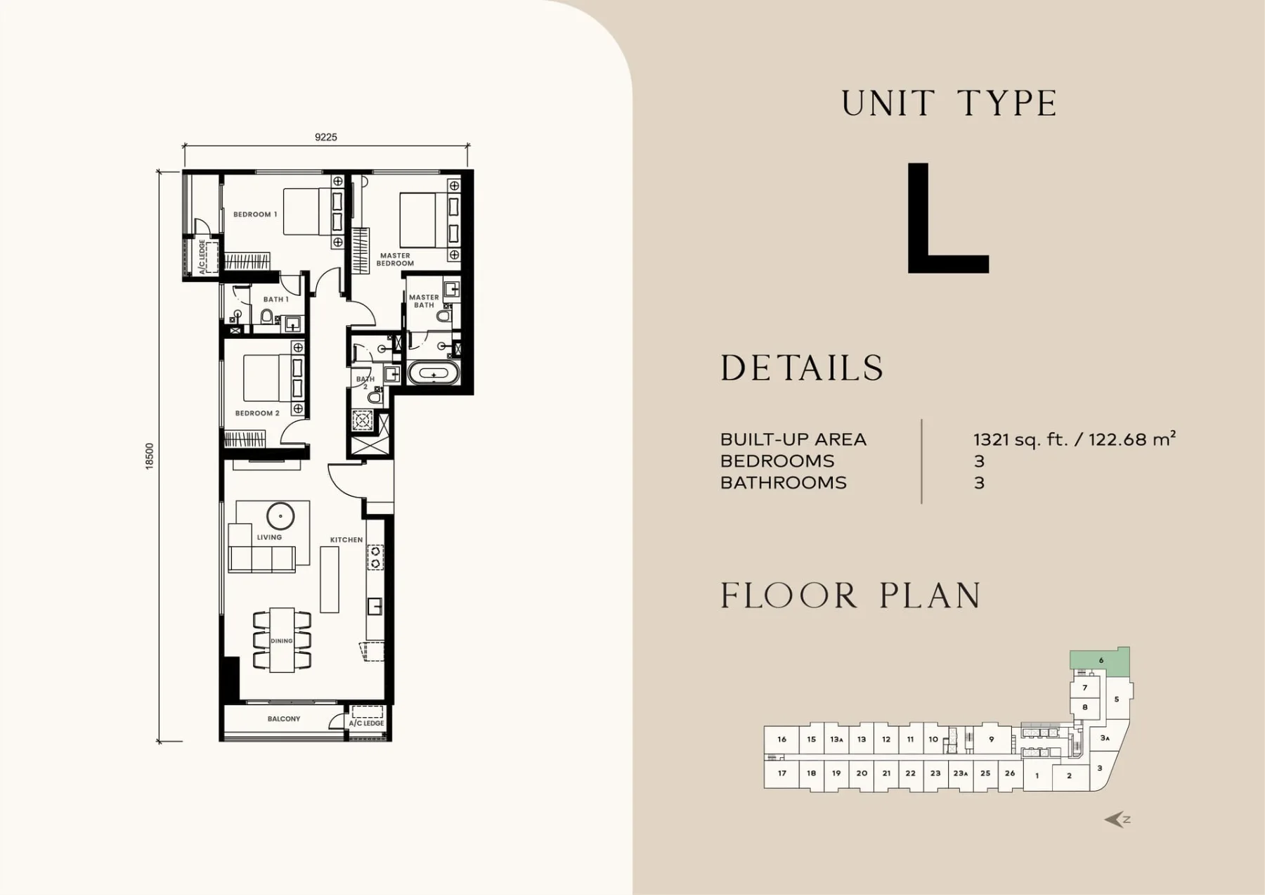 Khaya Residences floor plan Type L, 1,321 sq ft, 3 bed, 3 bath